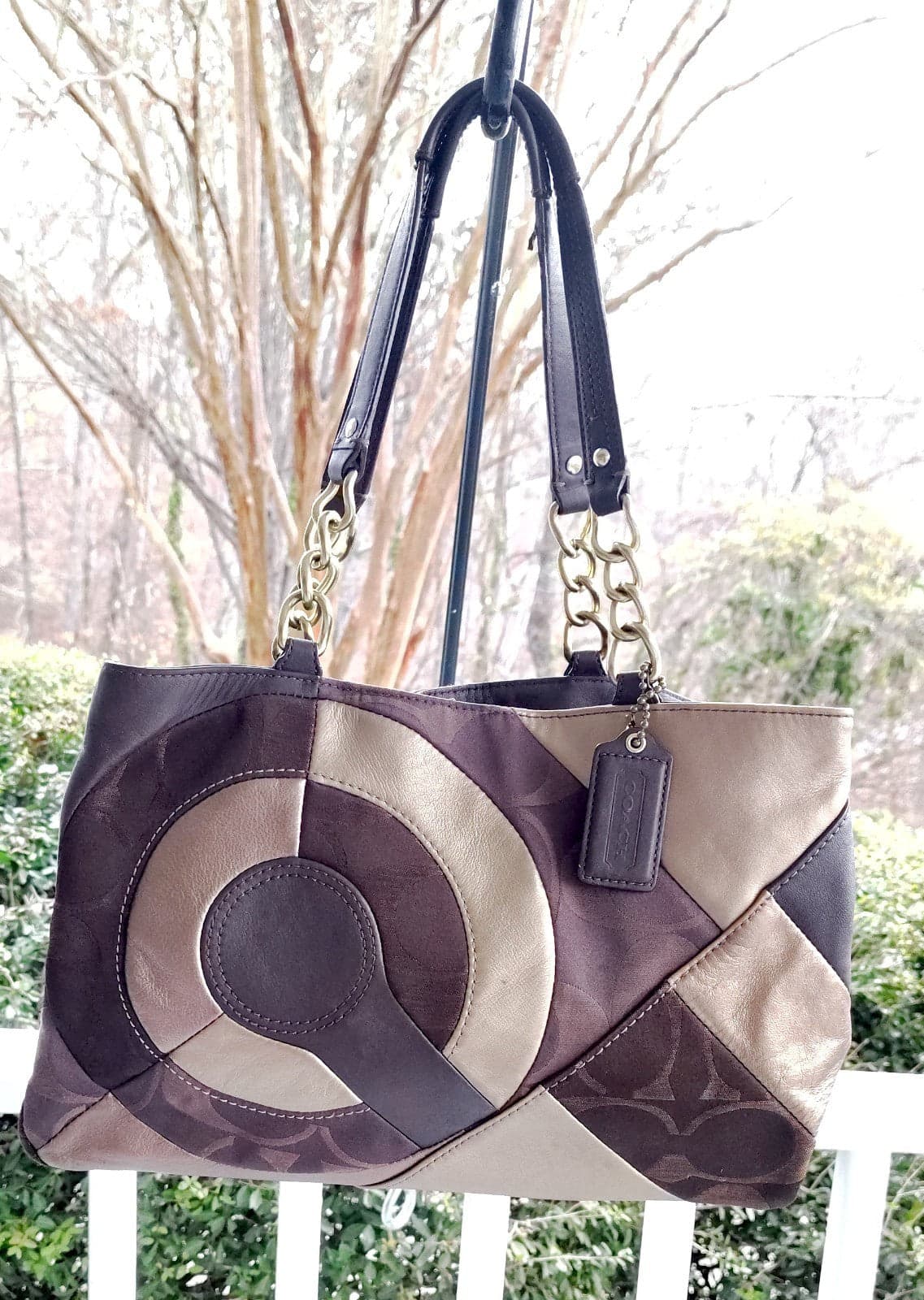 Coach MEDIUM F20013 Legacy Brown Inlaid Patchwork Leather Chain Tote