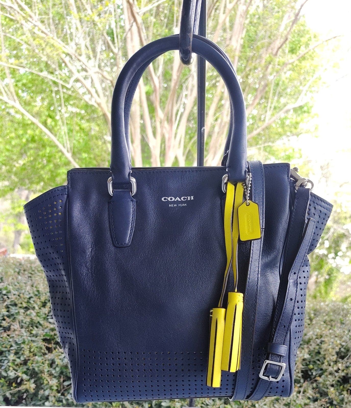 Coach SMALL Dark Blue Legacy Perforated Leather Tote w/Tassel Detail